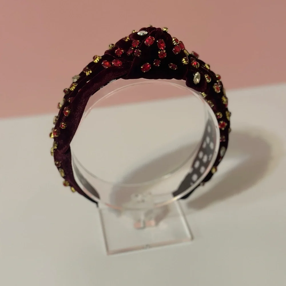 Red Rhinestone Burgundy Velvet Knot Headband - Picture 4 of 10